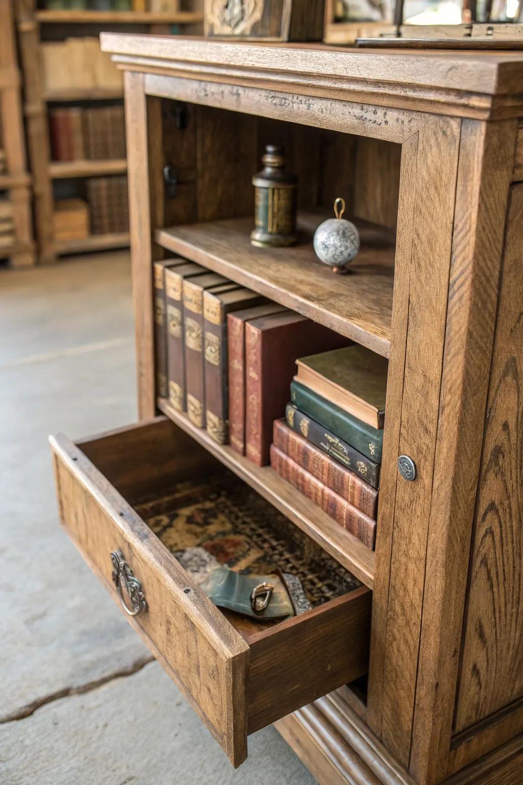 Discover the mystery within: a bookshelf with a hidden compartment, where craftsmanship meets intrigue.