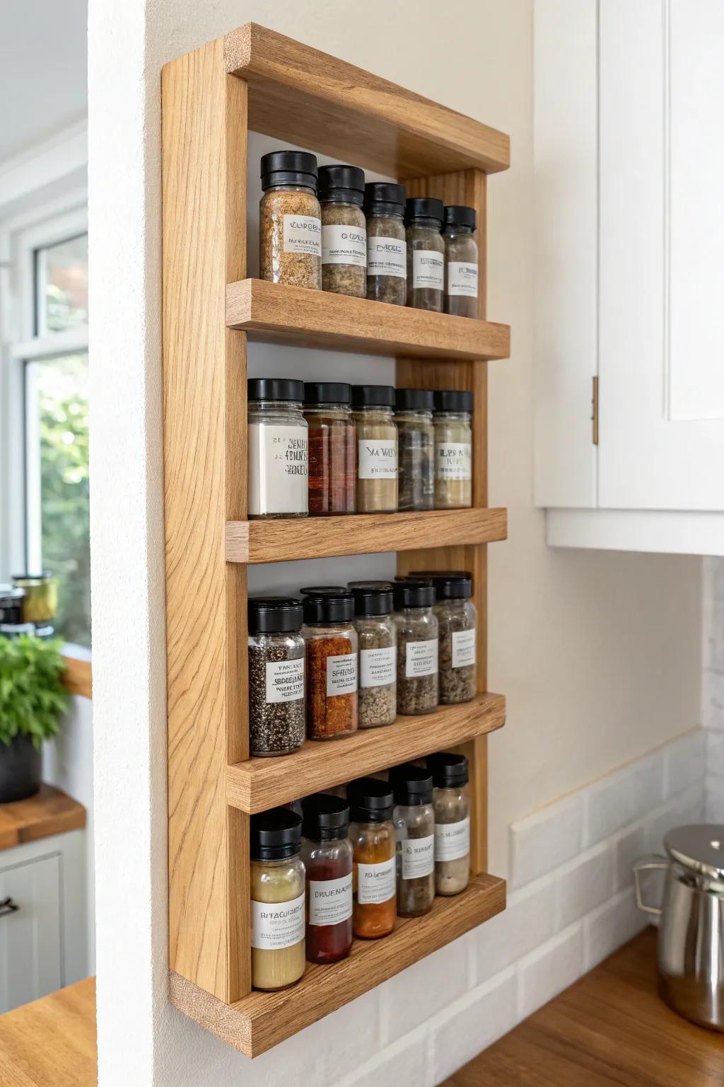Compact corner spice rack—triangular wood shelves that turn wasted wall space into beauty.