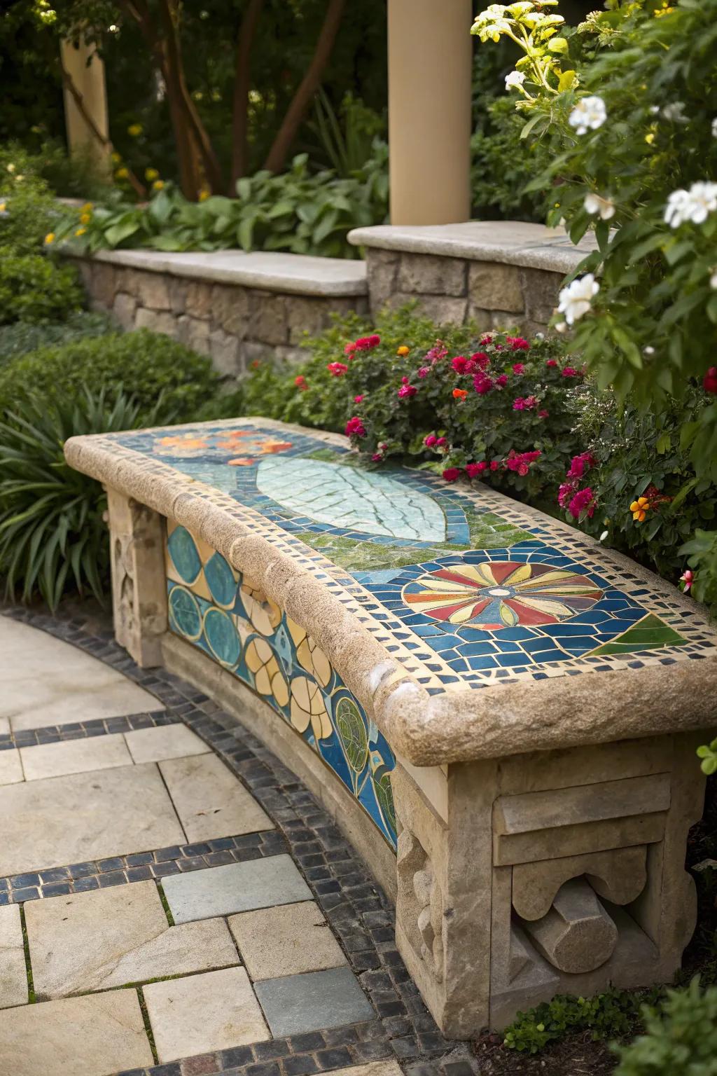 Transform your garden with a mosaic masterpiece: a stone bench that blends art with nature.
