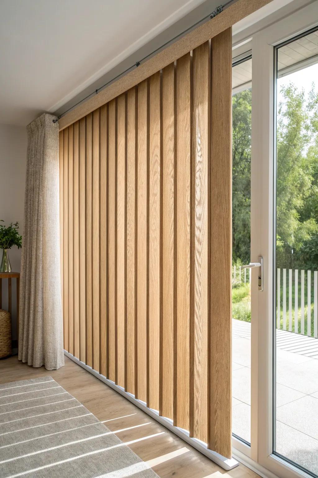 Light oak vertical blinds—smooth, durable, and perfect for sliding patio doors, daily use.