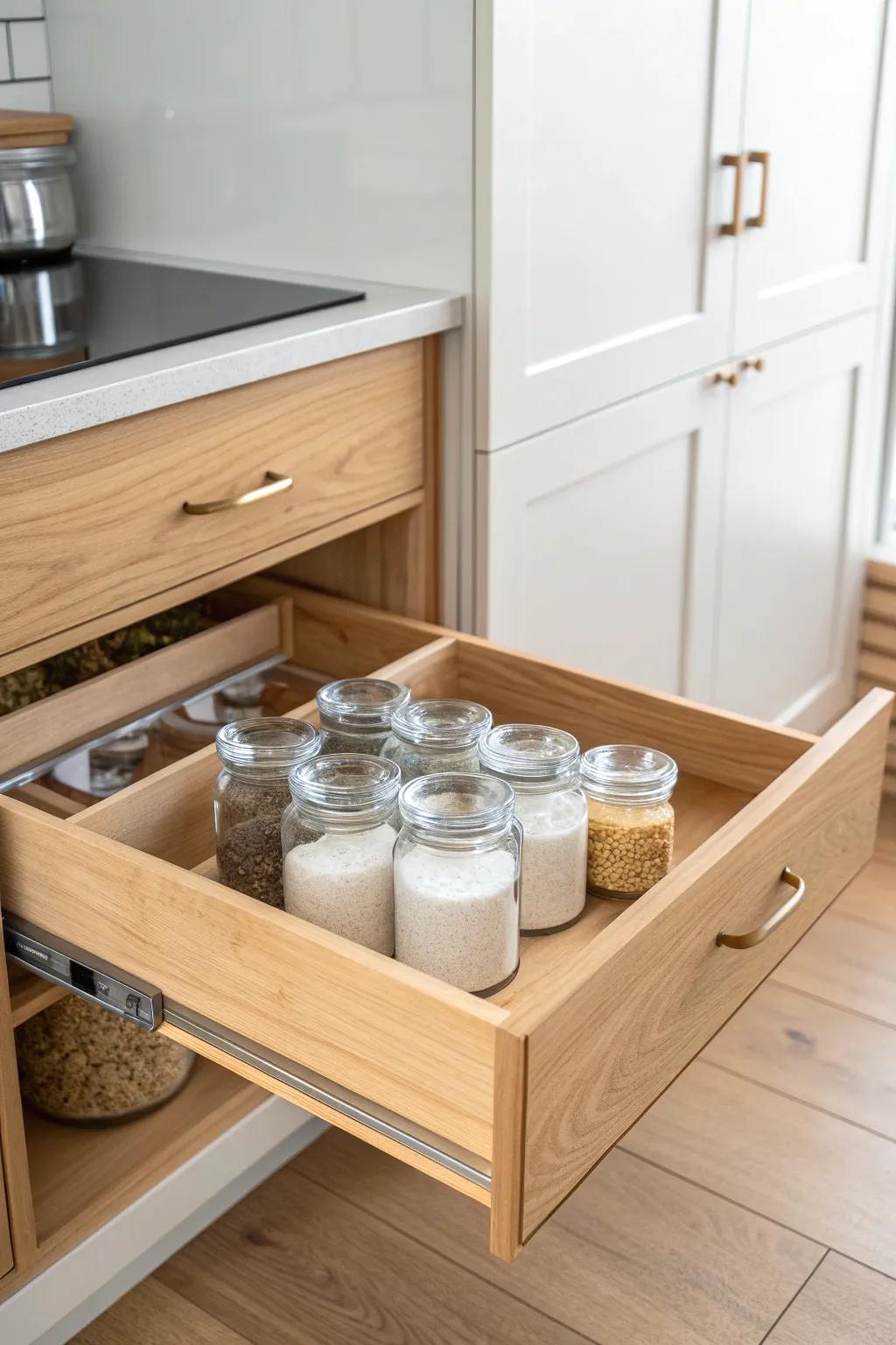 A pull-out shelf behind double doors—deep pantry storage that brings everything to you.