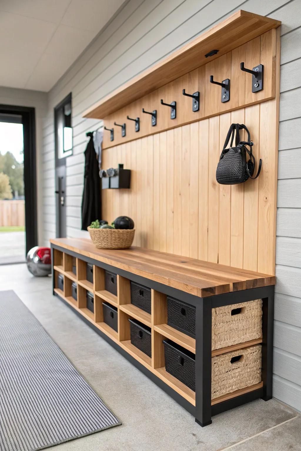 Cedar-topped slatwall bench creates a boutique home gym vibe in a double garage conversion.