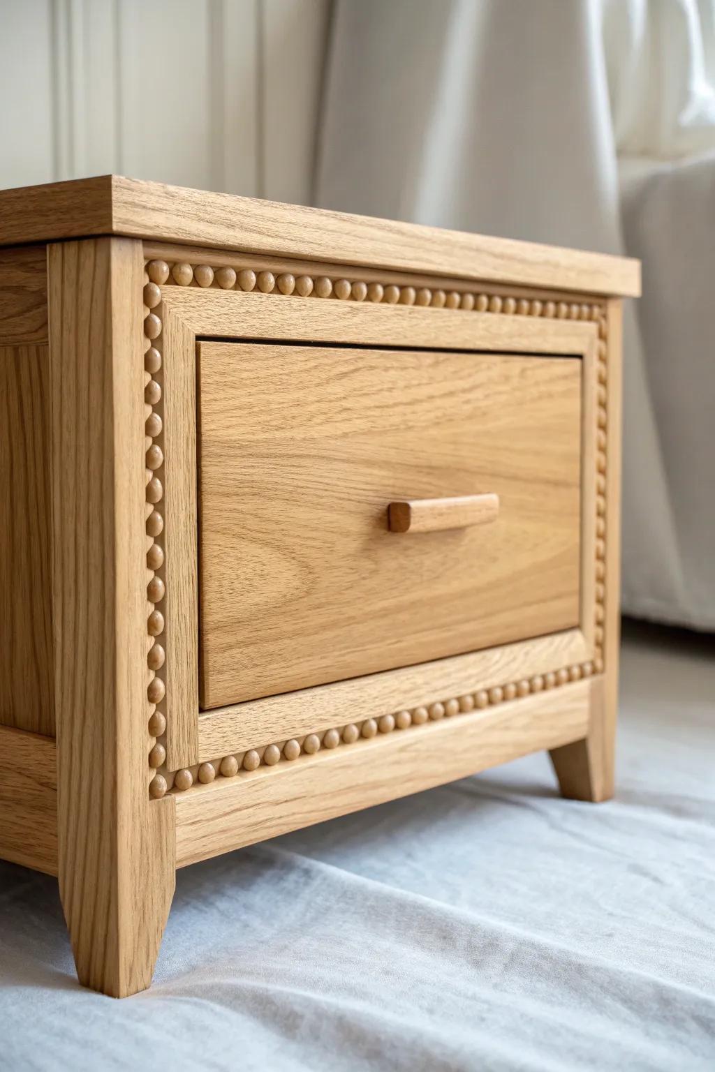 Tiny beaded trim inside a framed drawer front—an easy upgrade with timeless cottage charm.