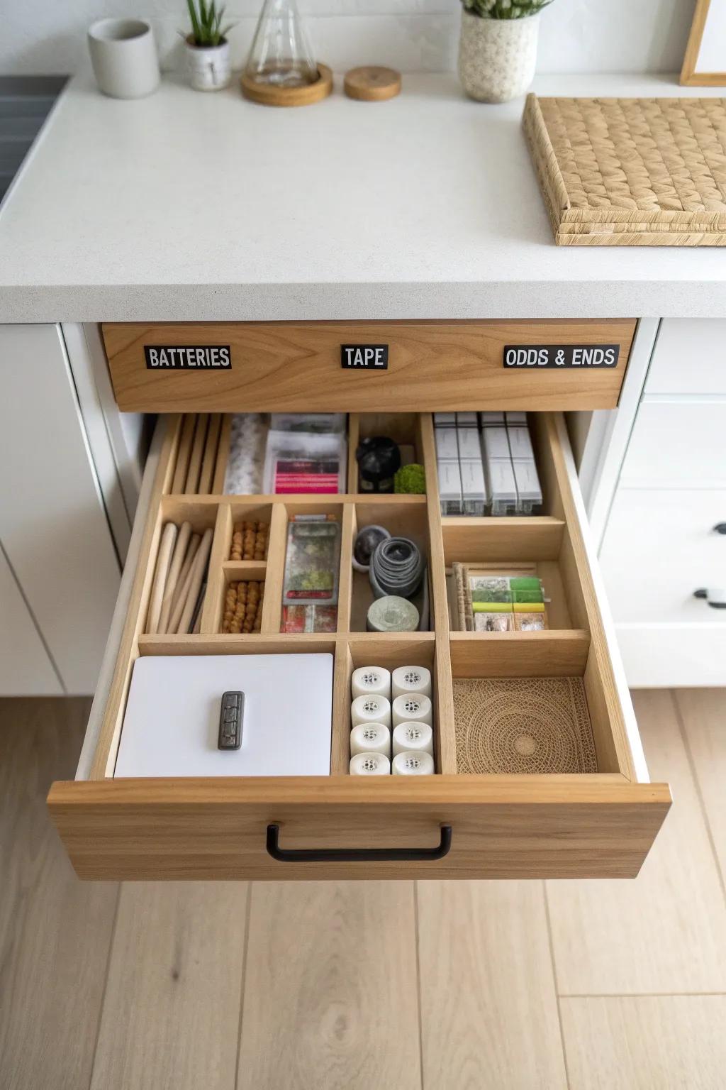 Turn your junk drawer into calm: simple wooden boxes create zones for everything.