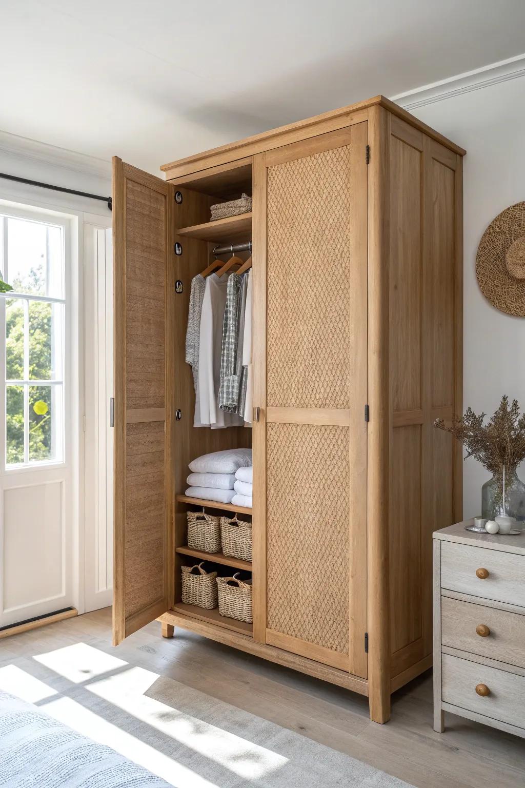A calm, door-front wardrobe that hides laundry chaos and adds drawer-like shelving inside.