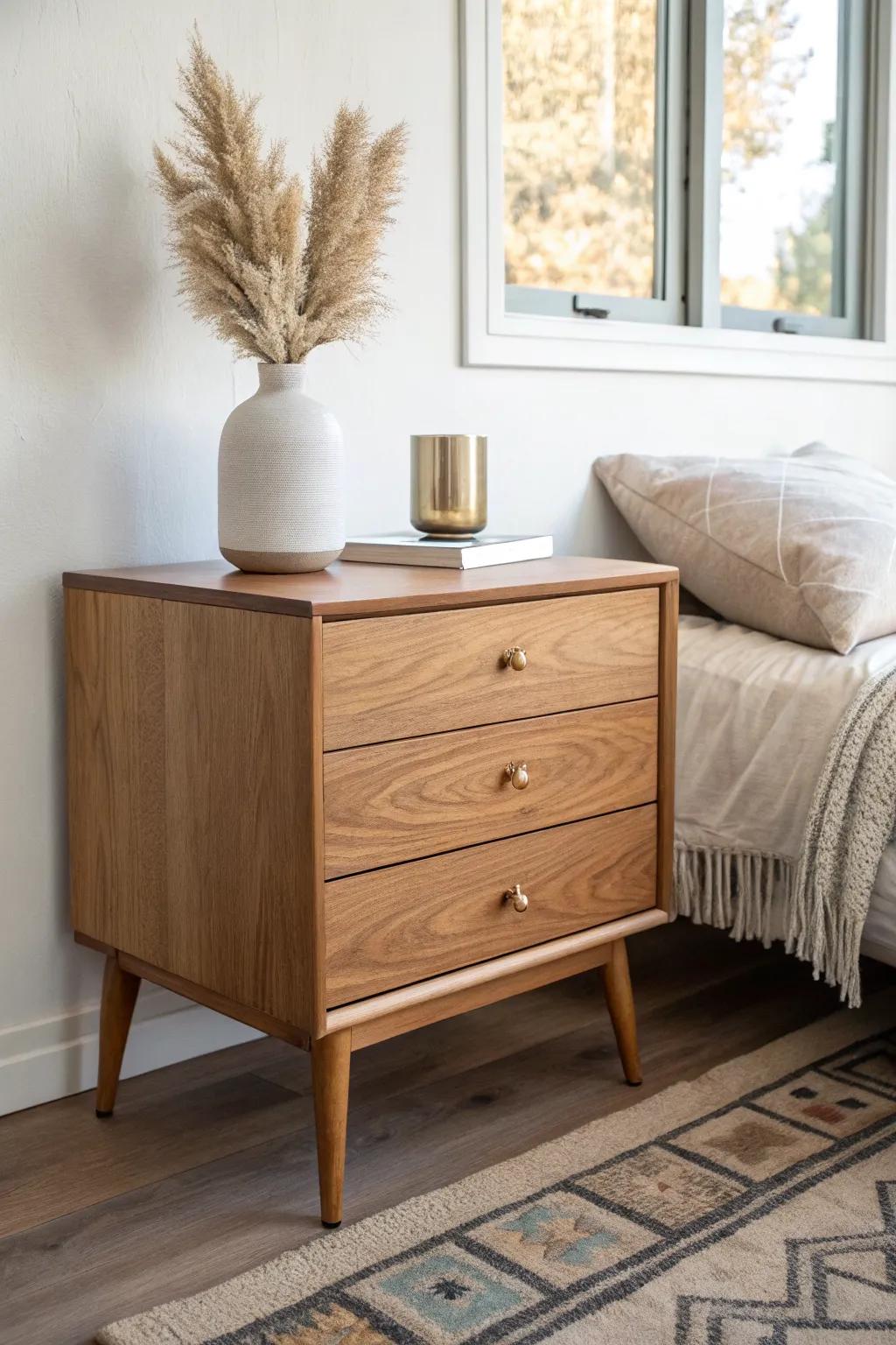 A tapered-leg swap turns a boxy dresser into a lighter, mid-century nightstand.
