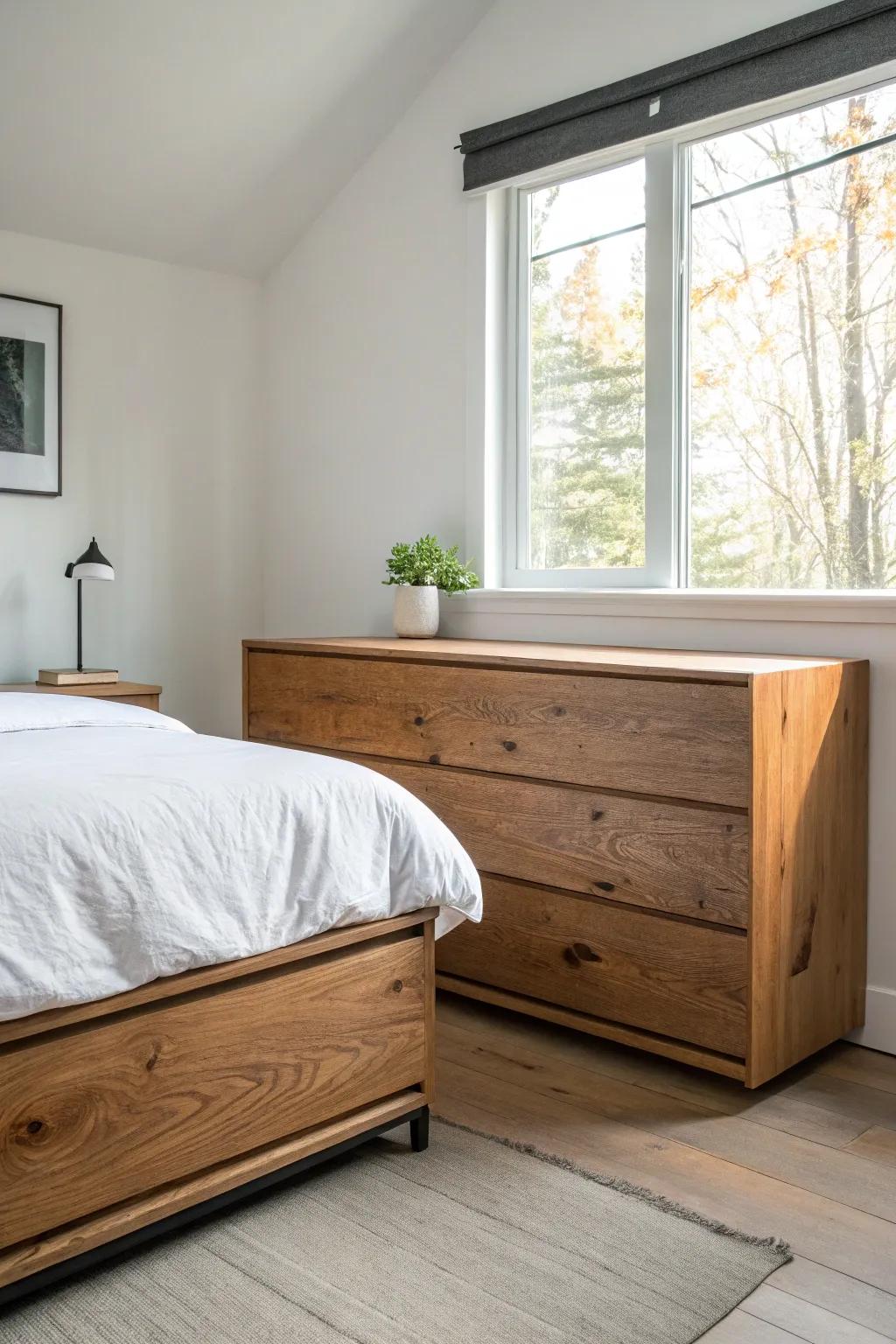 A thick reclaimed-wood topper turns a simple foot-of-bed dresser into an heirloom accent.