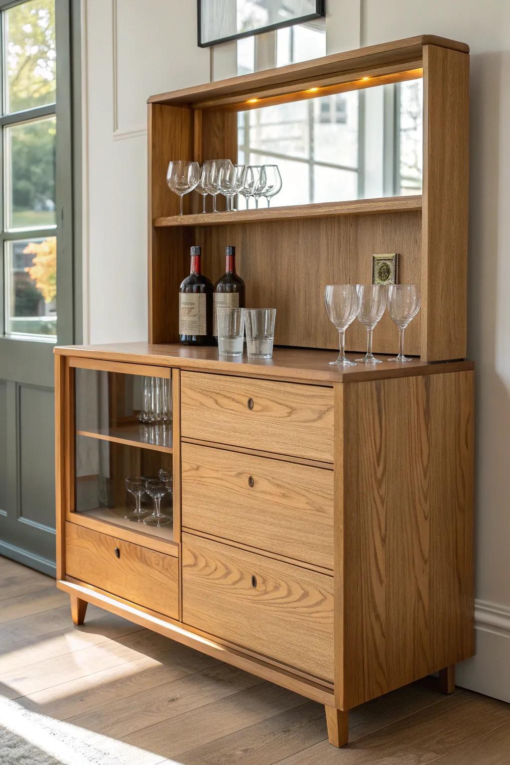 Add a slim mirror panel to the back of the bar shelf for depth and extra glass sparkle.