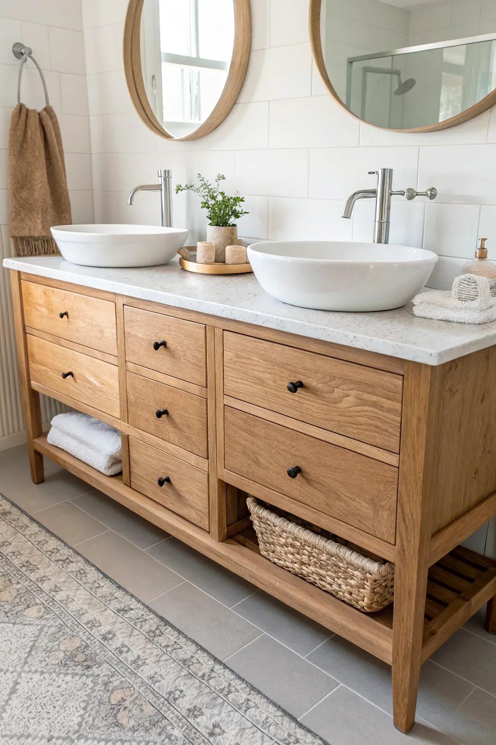 Turn a long low dresser into a luxe double-sink vanity with warm wood storage and clean lines.