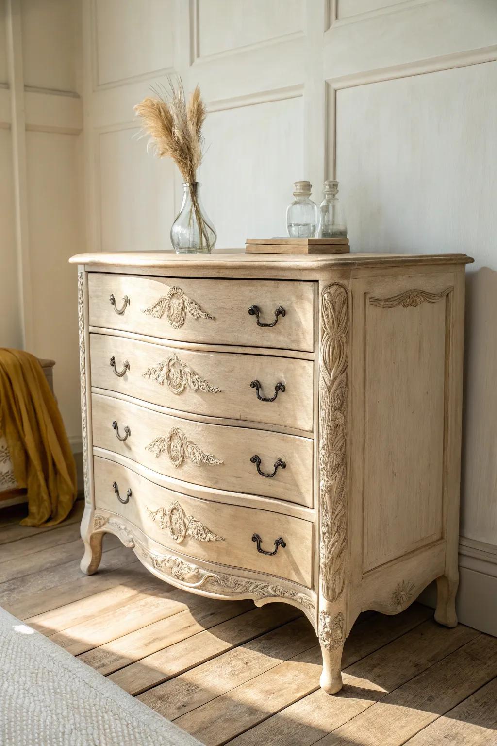 Creamy beige softens ornate curves for an airy, sun-washed dresser look with cozy warmth.