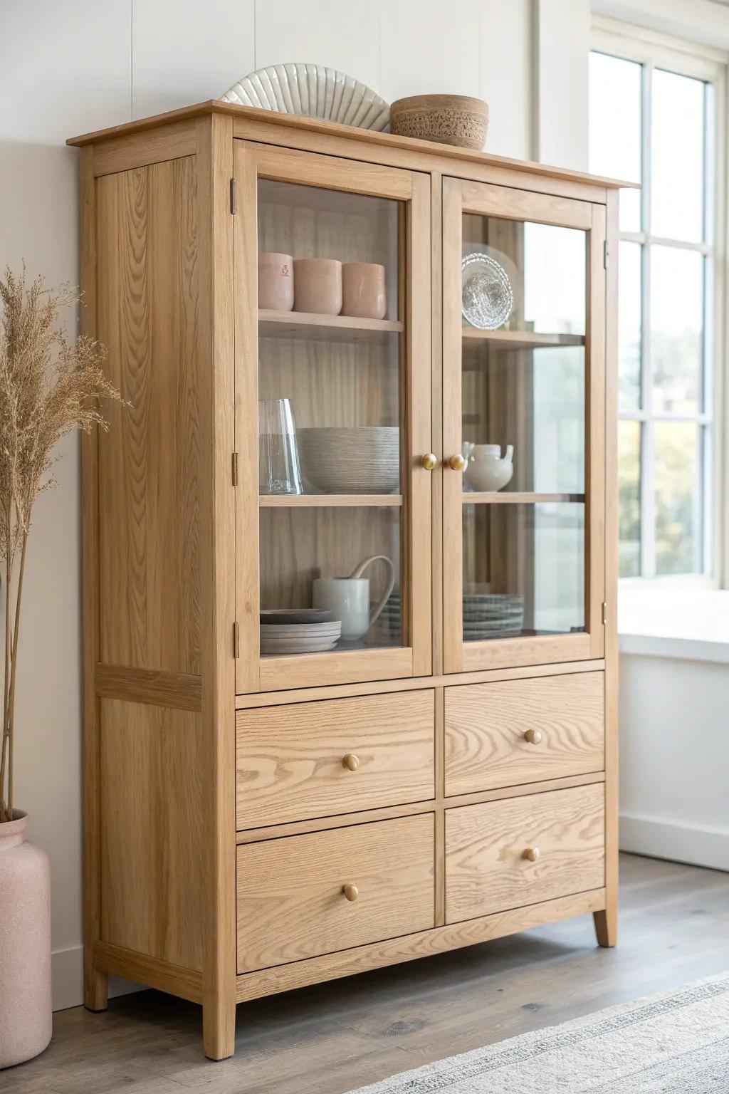 A glass-front dresser turns mismatched ceramics into a curated, dust-free dining display.