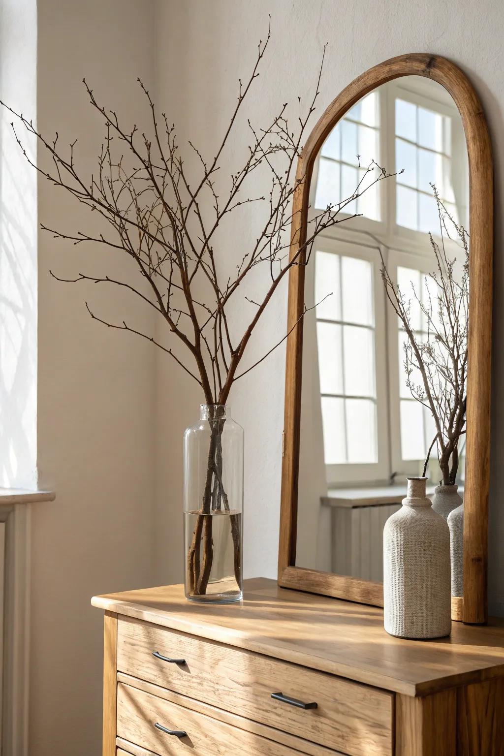 One tall branch in a simple vase instantly adds farmhouse drama in the mirror’s reflection.