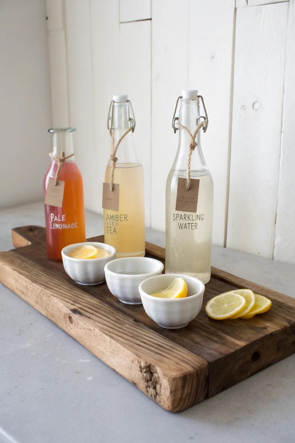 Lemonade & iced tea board on reclaimed wood—citrus, cucumber and mint for easy summer hosting.