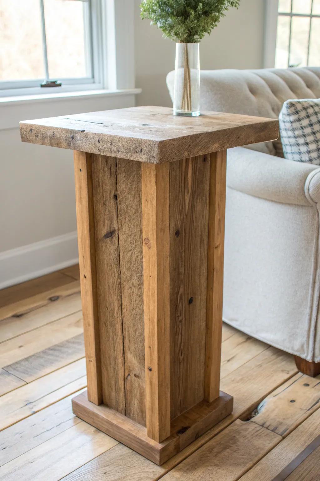 Chunky reclaimed-wood drink table—perfect rustic charm beside soft linen seating.