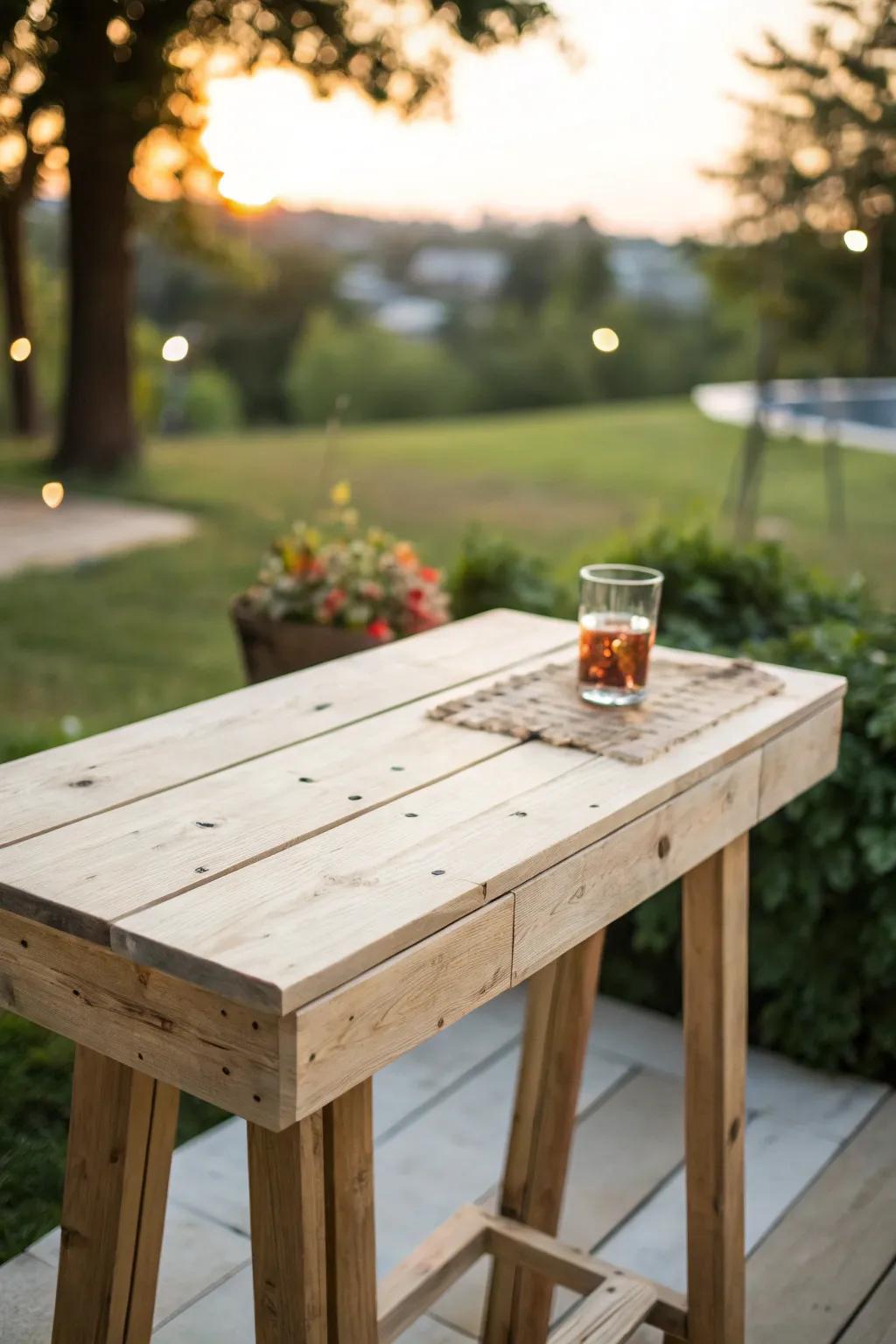 A smooth pallet-wood bar-top table that turns any backyard corner into a chic drink station.