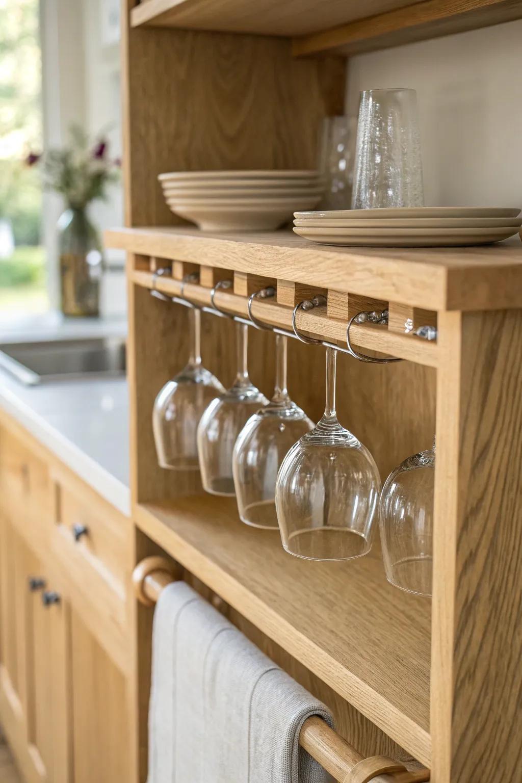 Add an under-shelf stemware rack for an instant fancy upgrade and more cabinet space.