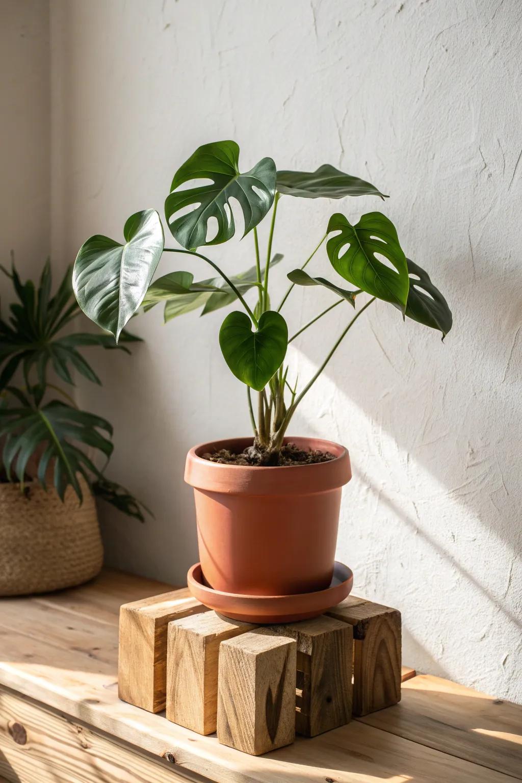 Leafy greens on a handmade wood riser—an earthy soft-sculpture moment for calm, cozy corners.