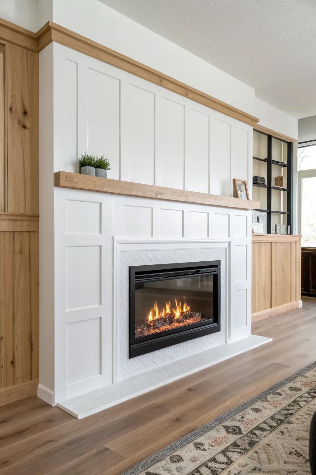 Crisp board-and-batten grid makes an electric fireplace wall feel tailored, warm, and modern.