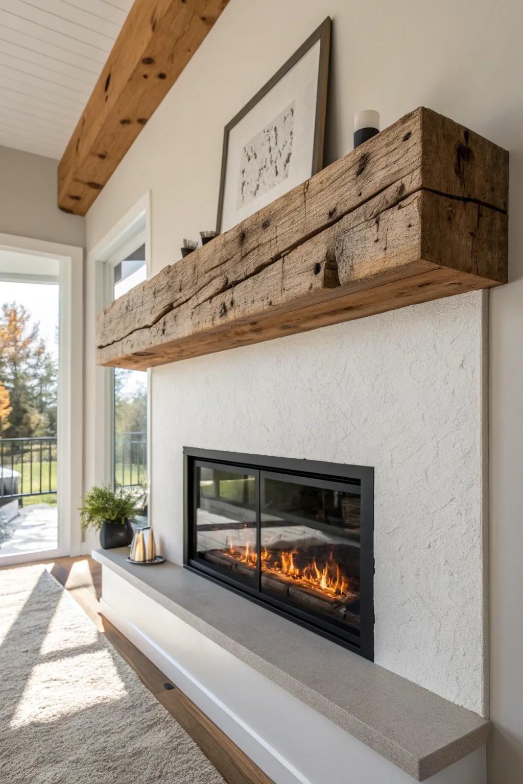 Reclaimed wood mantel with bold saw marks—instant character that makes electric flames feel real.