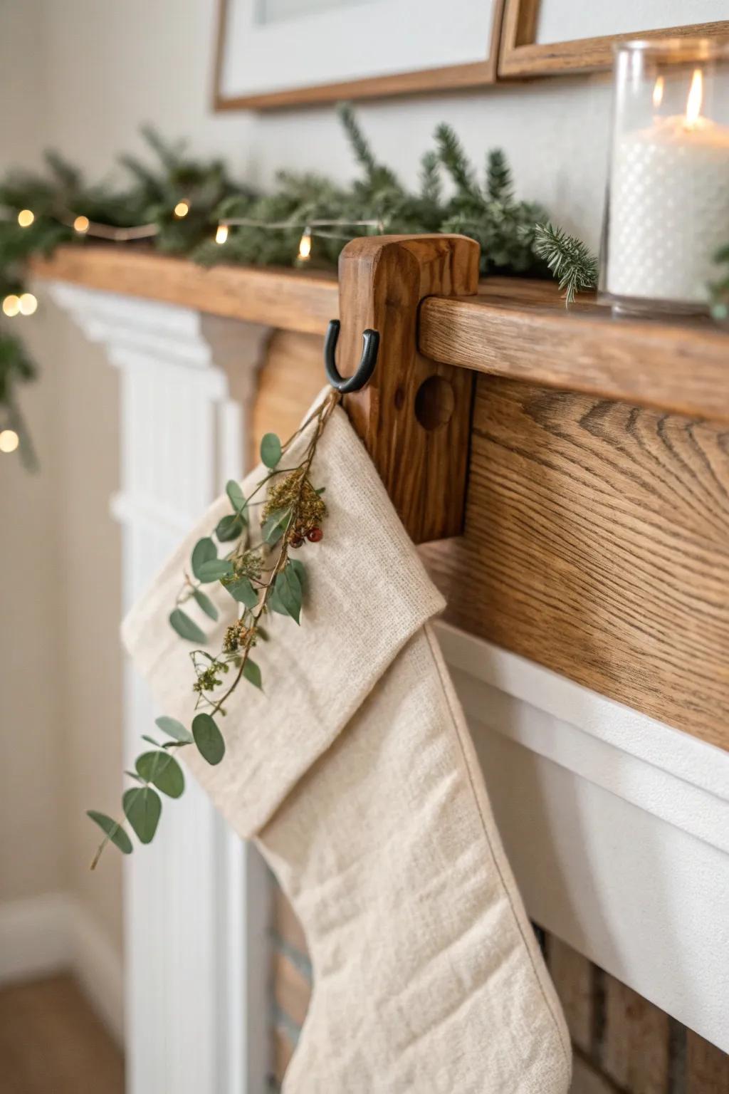 Minimal neutral stocking on a reclaimed-wood hook—clean, cozy, and effortlessly elegant.