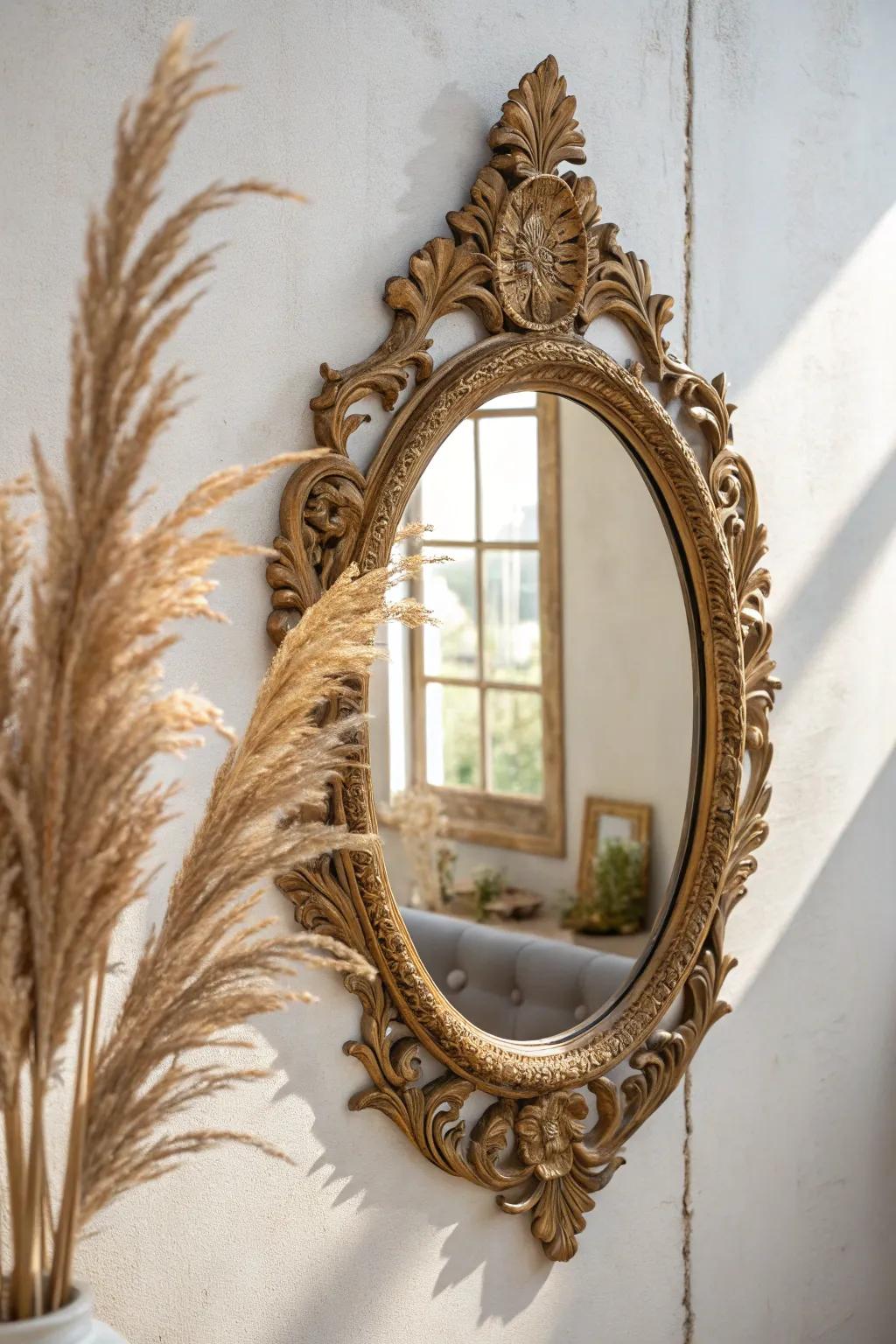 Ornate mirror with warm patina—instant French country charm with timeless, thrifted character.