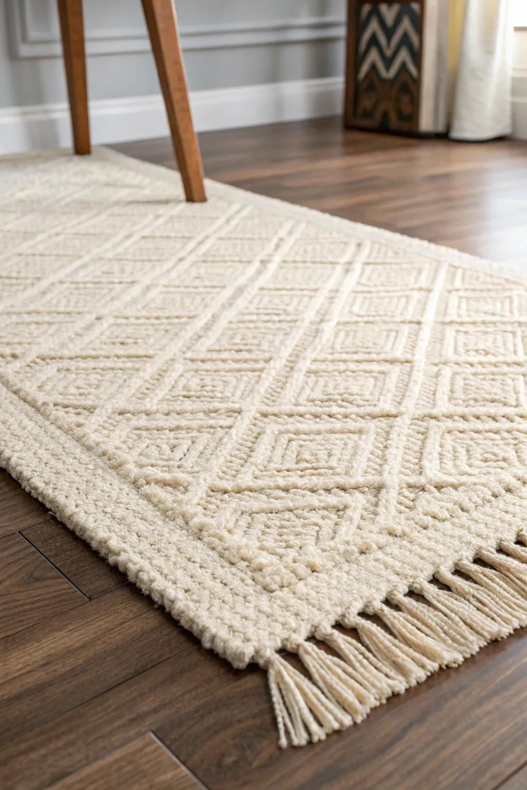 A textured rug under the desk instantly softens the space and makes it feel intentionally styled.