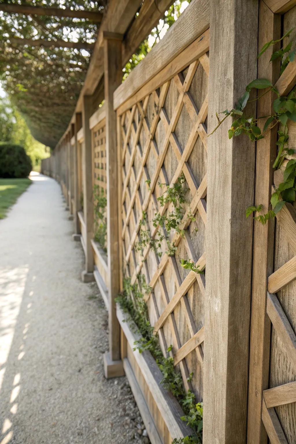 Reclaimed-wood lattice + climbing vines turns the garage walkway into a serene living hallway.