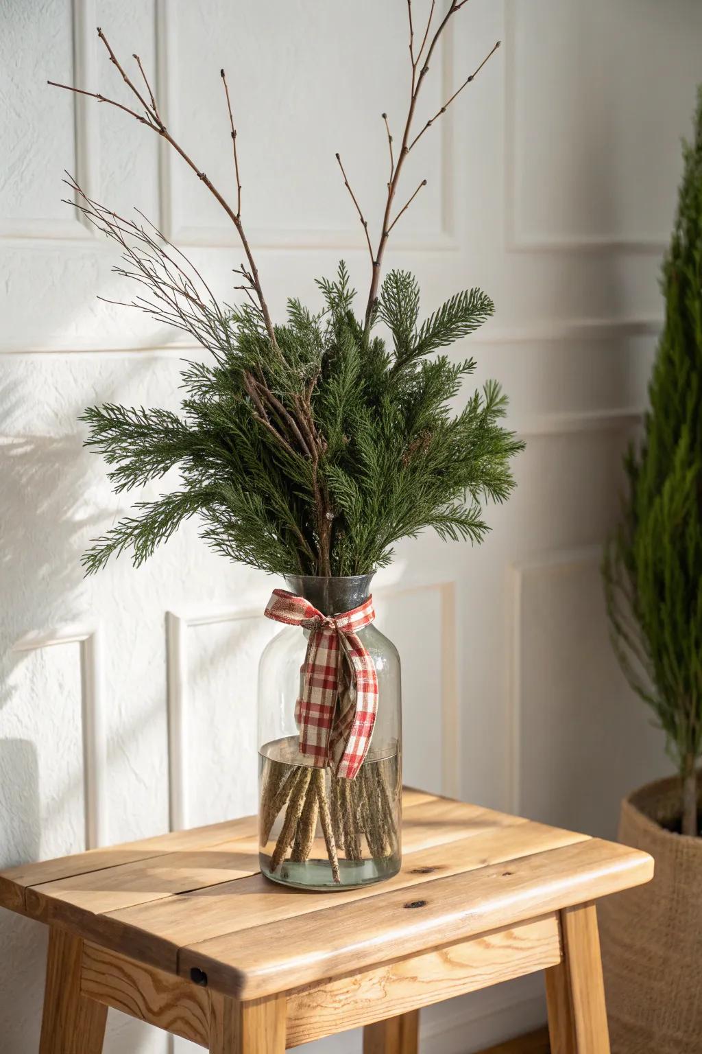 Evergreen pine in a simple vase, tied with plaid ribbon—cozy, minimalist end-table decor.
