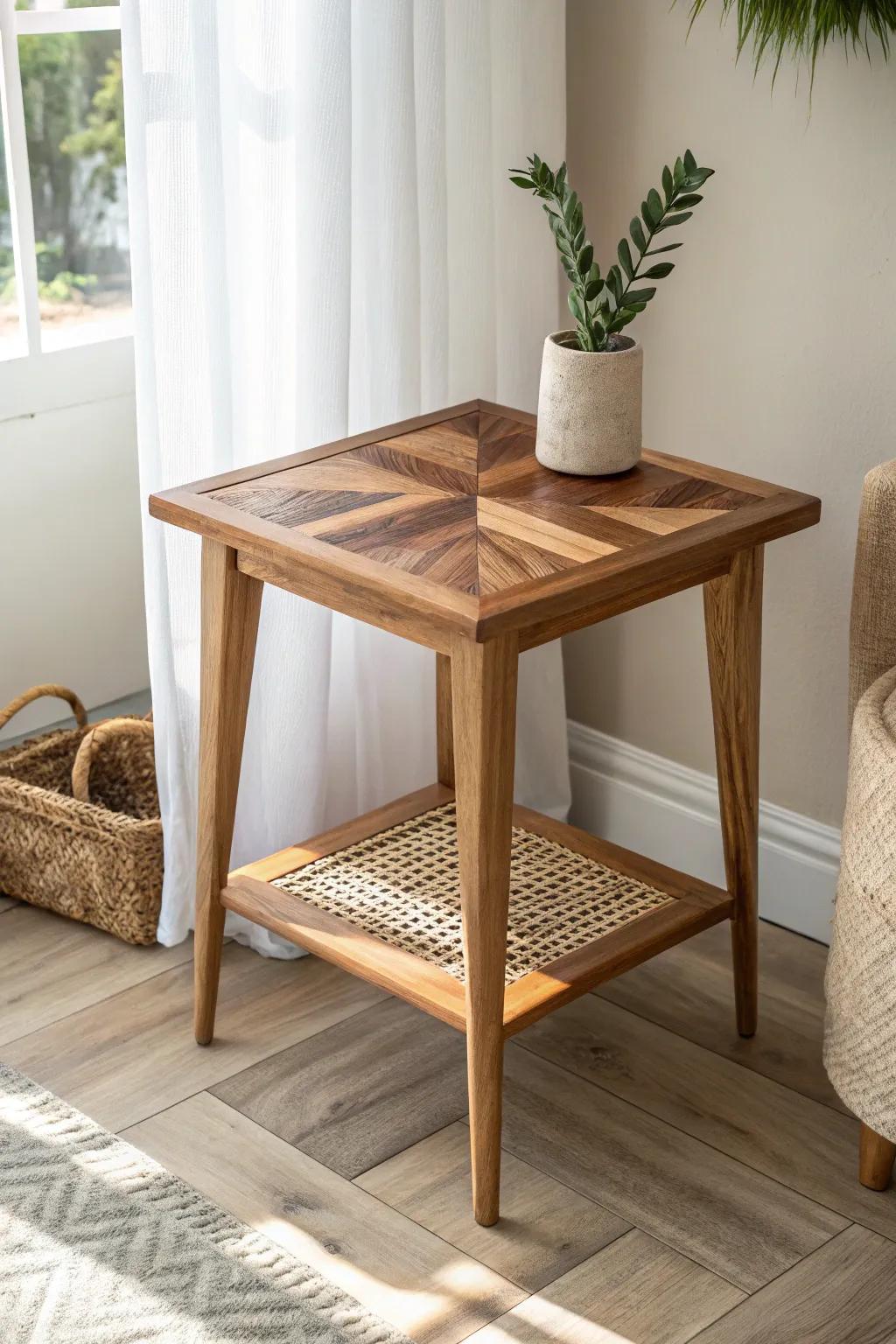 Herringbone end-table top from scrap wood—simple, warm, and beautifully handcrafted.