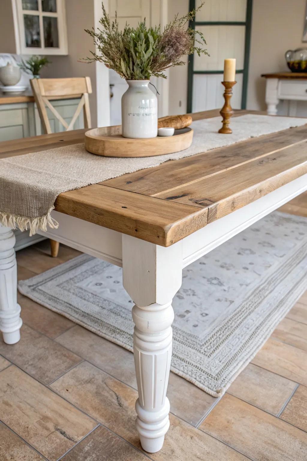 Chunky reclaimed-wood farmhouse table with turned legs—simple, sturdy English cottage charm.