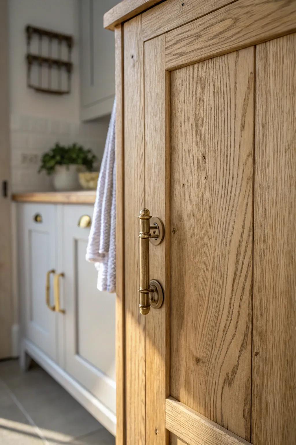 Aged brass latches on warm wood add instant English cottage charm - simple, storied, timeless.