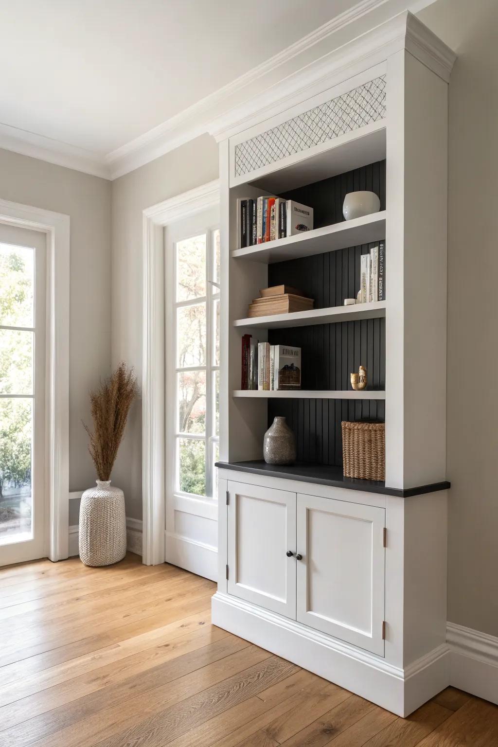 Color-blocked built-in bookcase: crisp white trim with deep shelves for a high-end entryway.