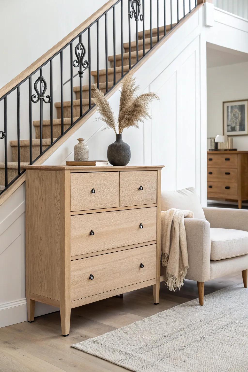 Staircase-side oak chest: a minimalist entryway moment with a soft chair nearby today.