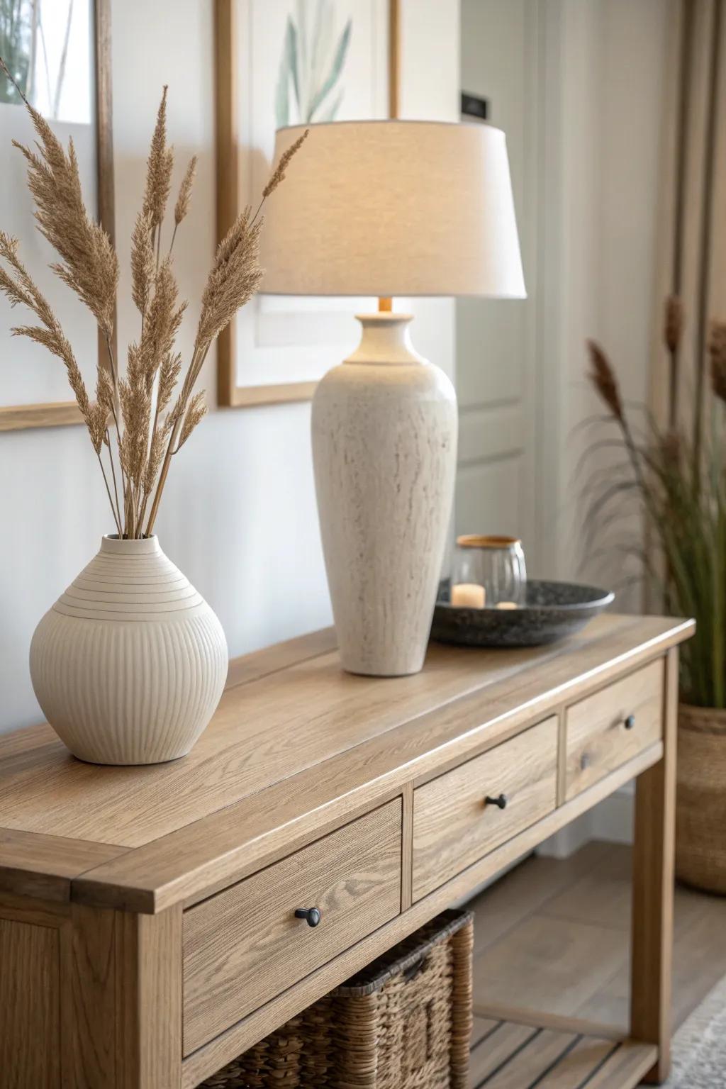 Asymmetrical entryway styling: one glowing lamp, one tall vase—simple, soft, and balanced.