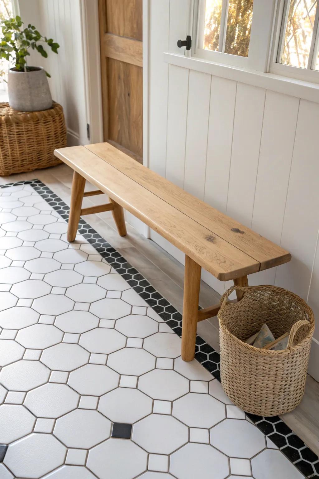 White hex tile with charcoal grout: playful vintage pattern that hides everyday entryway grit.