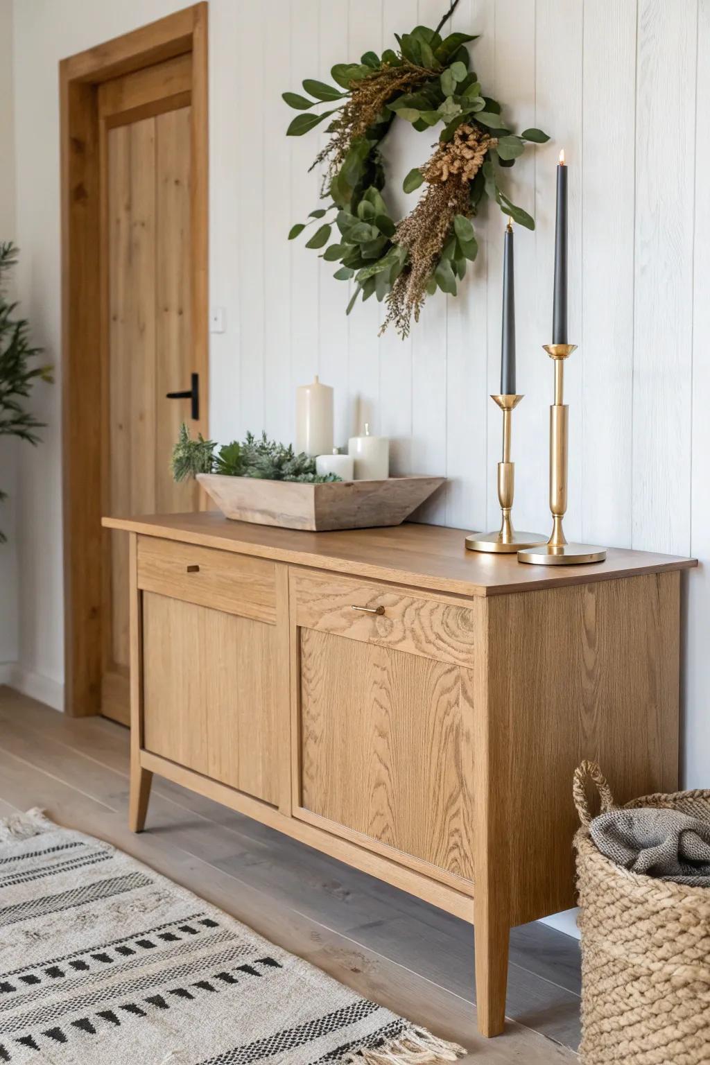 A seasonal swap styling station: tray, candles, and greenery on a light oak sideboard.