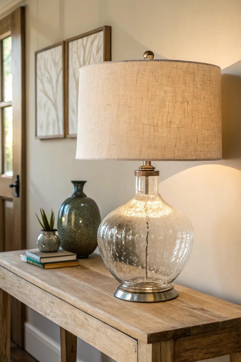 Airy glass lamp glow on pale oak—perfect for tight entryways without visual heaviness.
