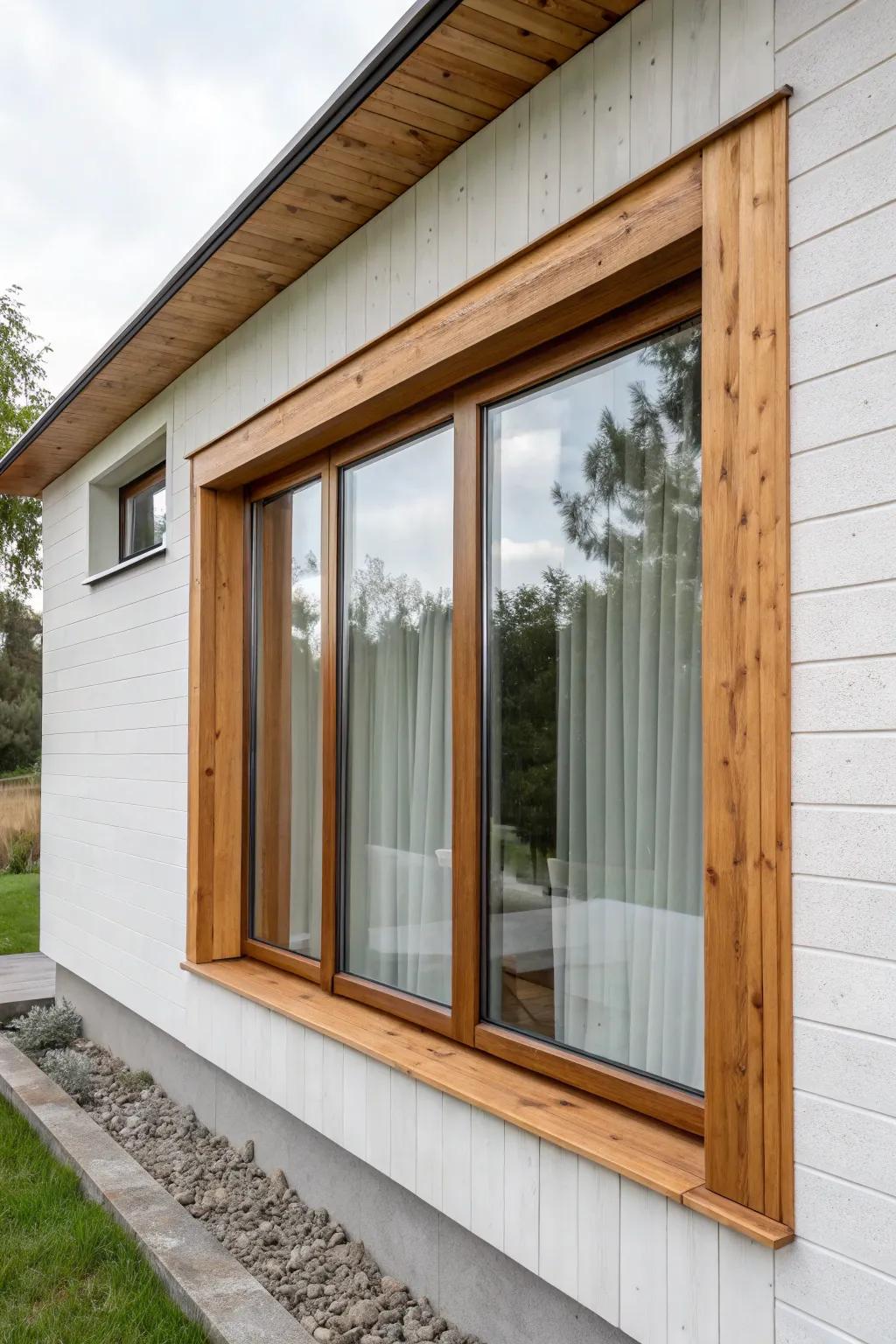 Warm cedar wrap frames turn a simple window into a bold, custom feature with Scandinavian calm.