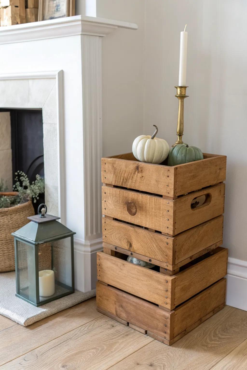 Fireplace hearth crate column with gourds and brass candlelight—simple, cozy fall styling.