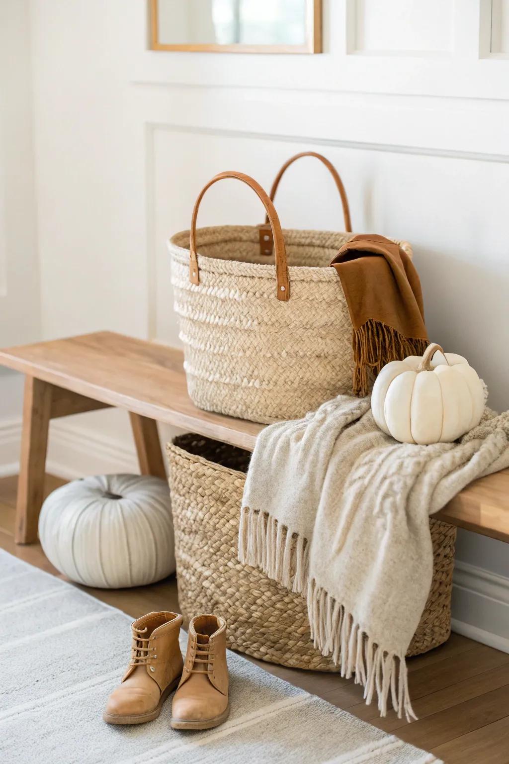 A woven basket that hides fall entryway clutter—finished with a cozy scarf and tiny pumpkin.