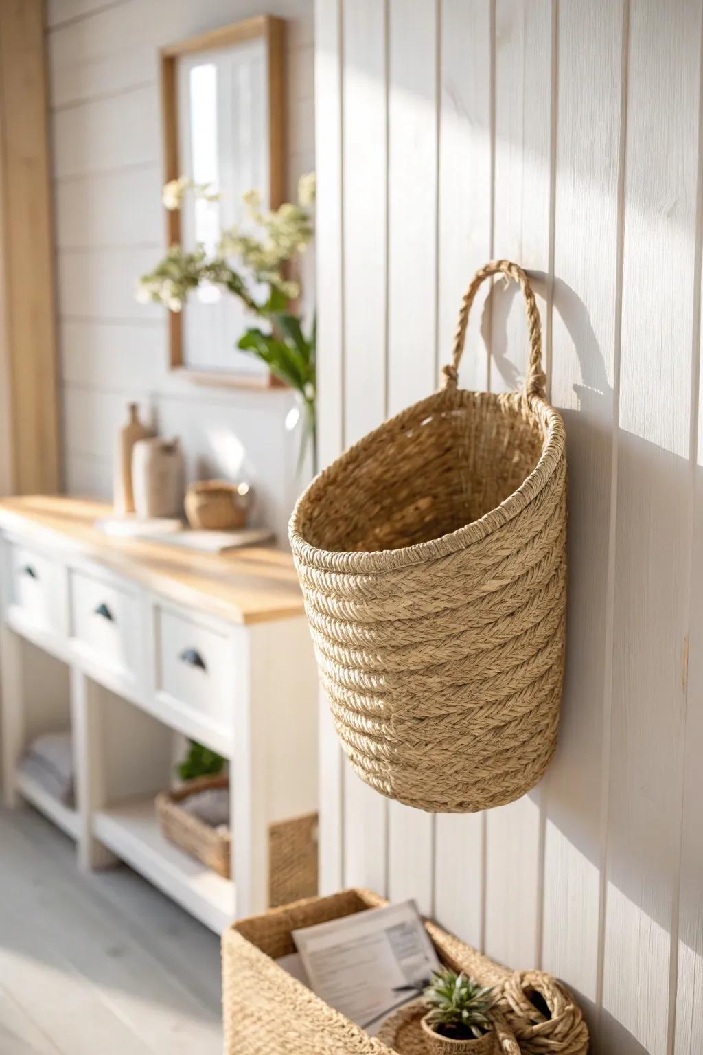 Vertical woven basket wall decor above a simple wood console—airy, warm, and practical.