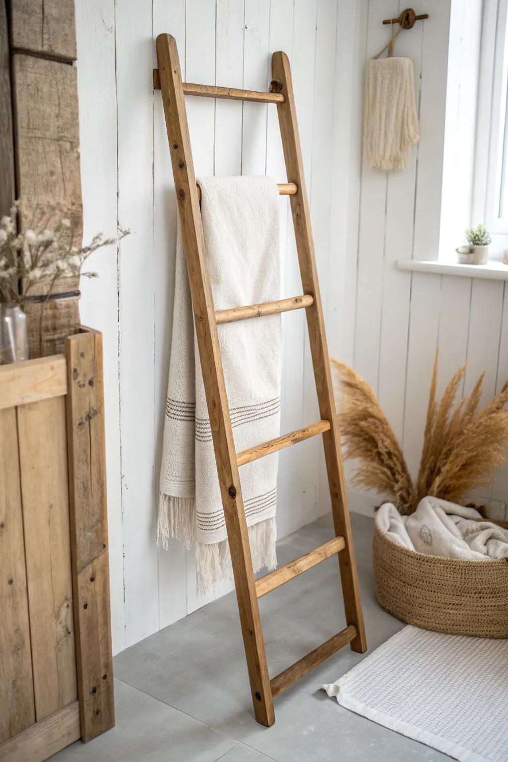 DIY wood ladder towel rack: budget farmhouse charm with clean Scandinavian style.