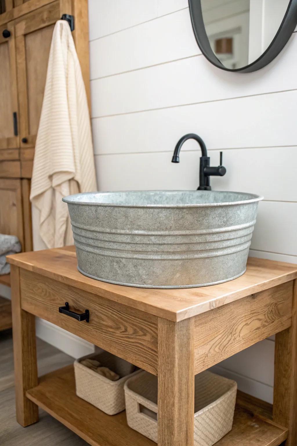 Vintage galvanized tub sink wrapped in warm wood—farmhouse charm with clean Nordic lines.