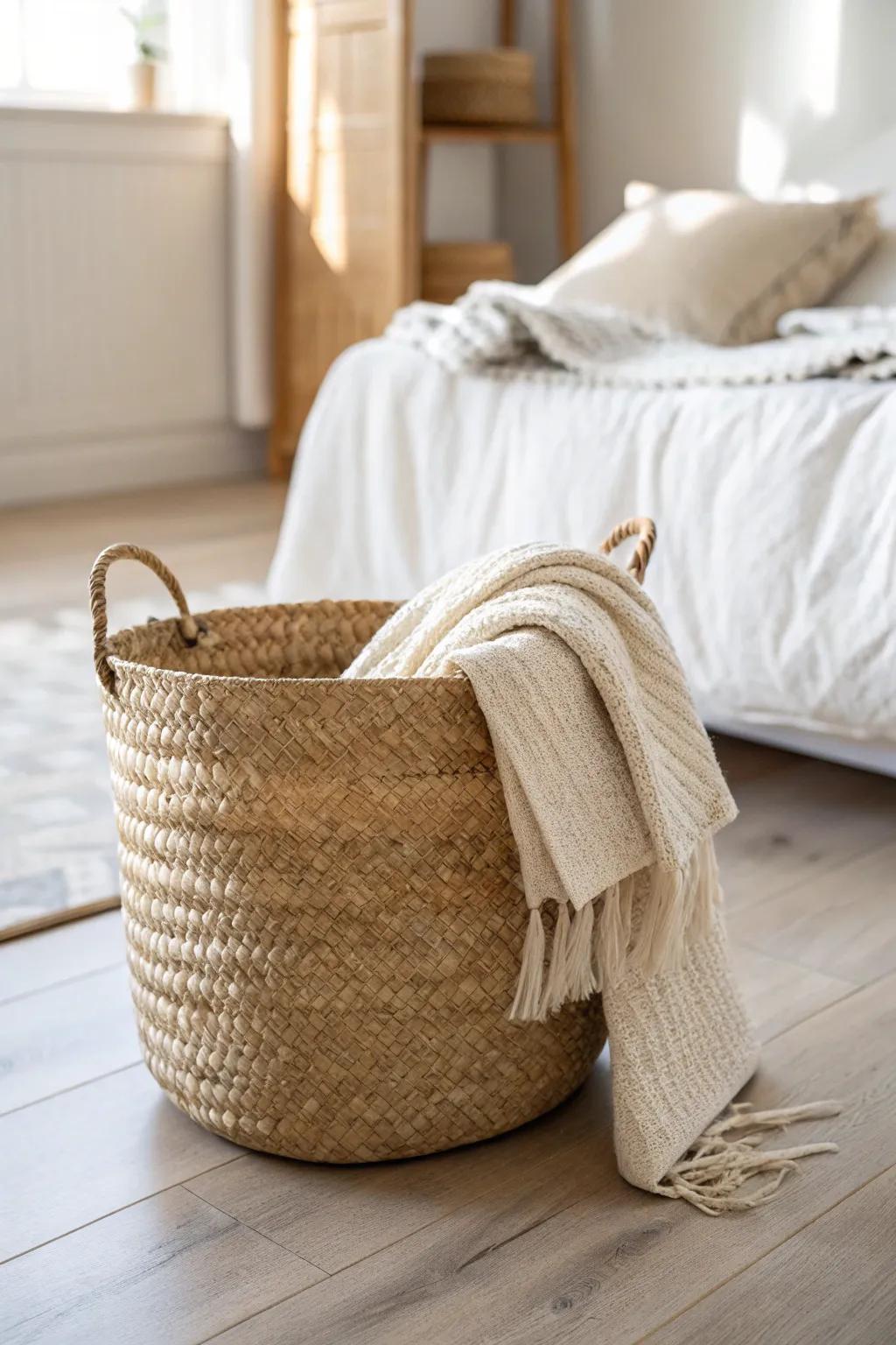 A single woven basket adds warm, budget-friendly storage for blankets and bedroom clutter.