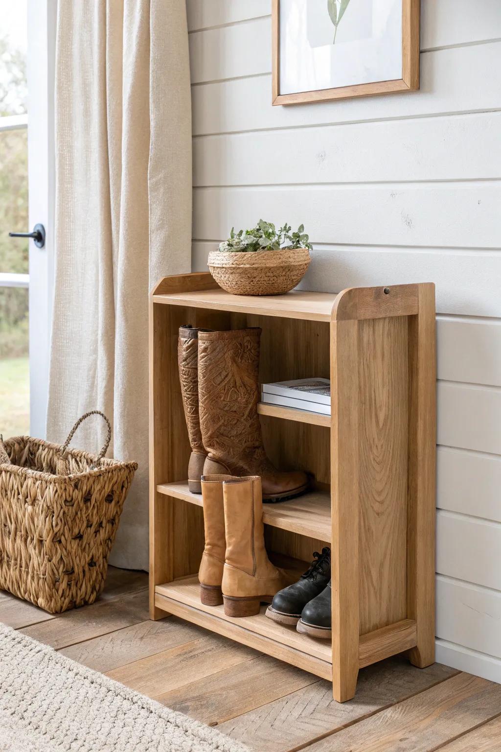 Open shoe shelves with a tall boot slot—clean farmhouse storage that keeps boots upright and chic.