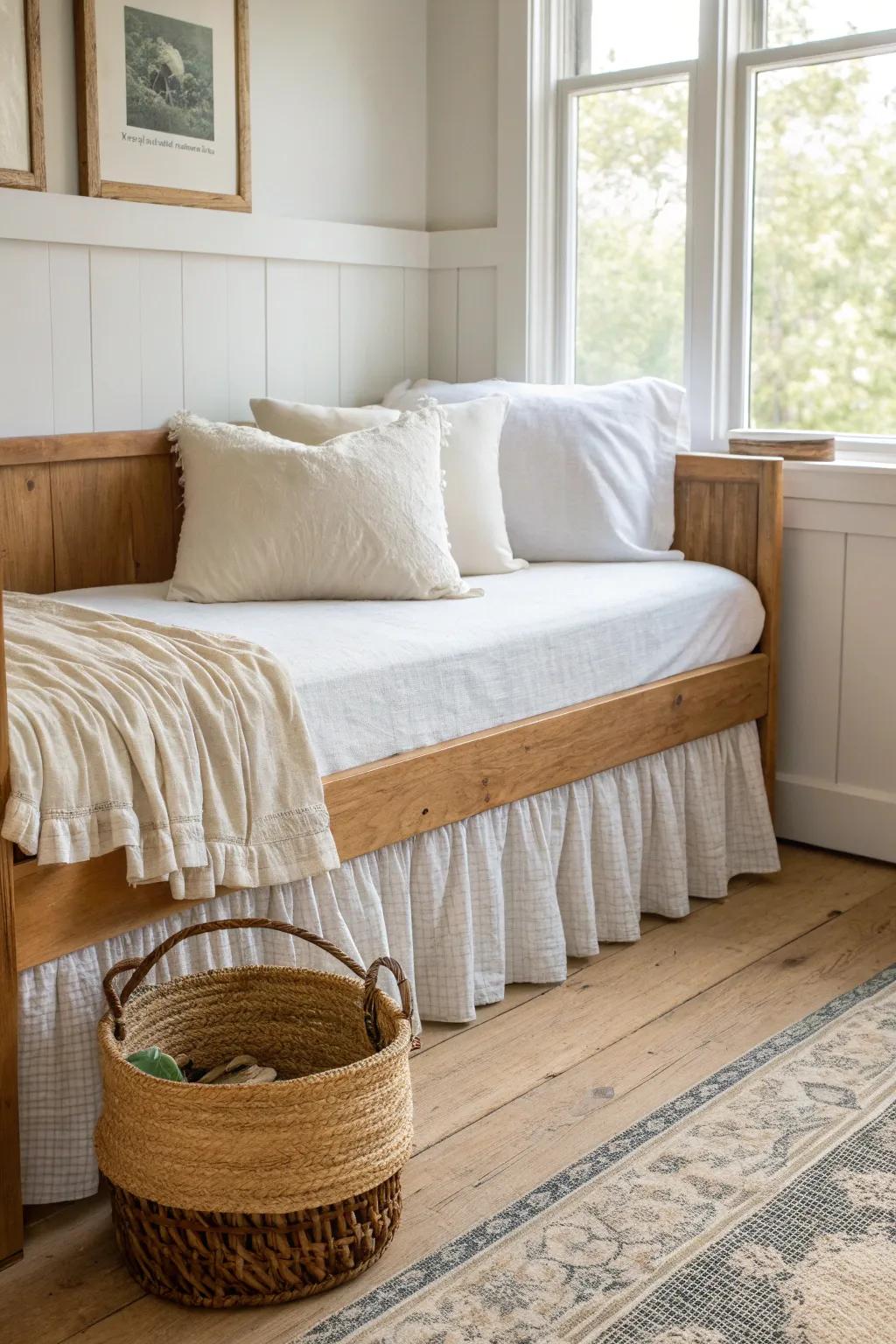 Soft farmhouse daybed style: ruffled skirt layers with a woven basket tucked neatly beneath.