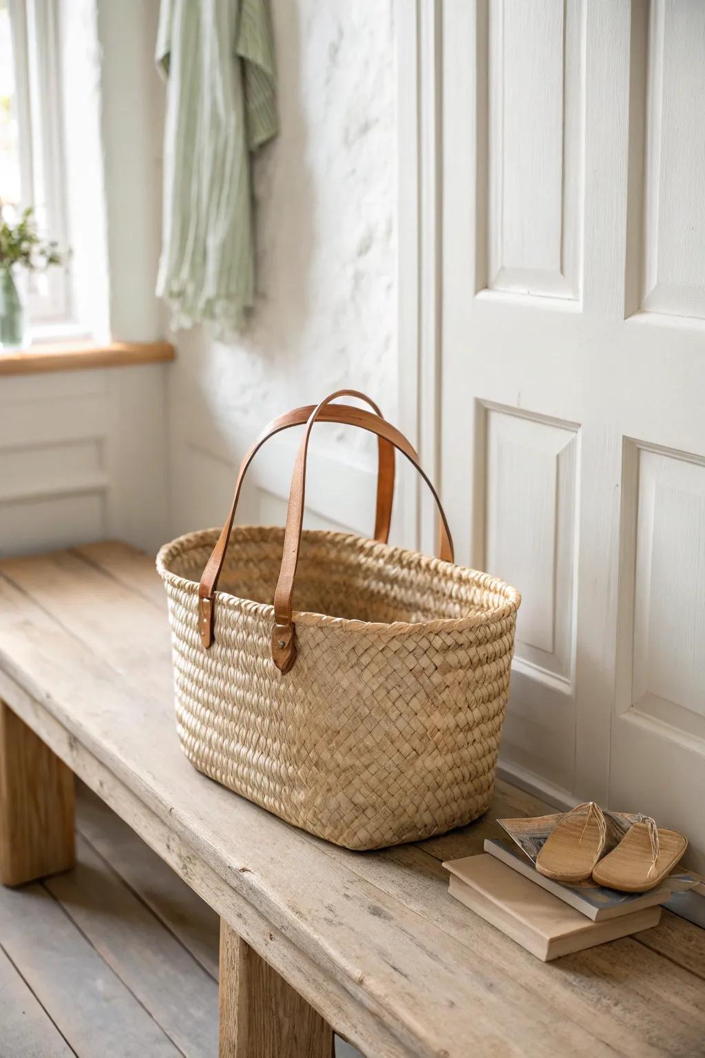 Budget farmhouse charm: a warm woven basket that hides clutter and adds cozy texture.