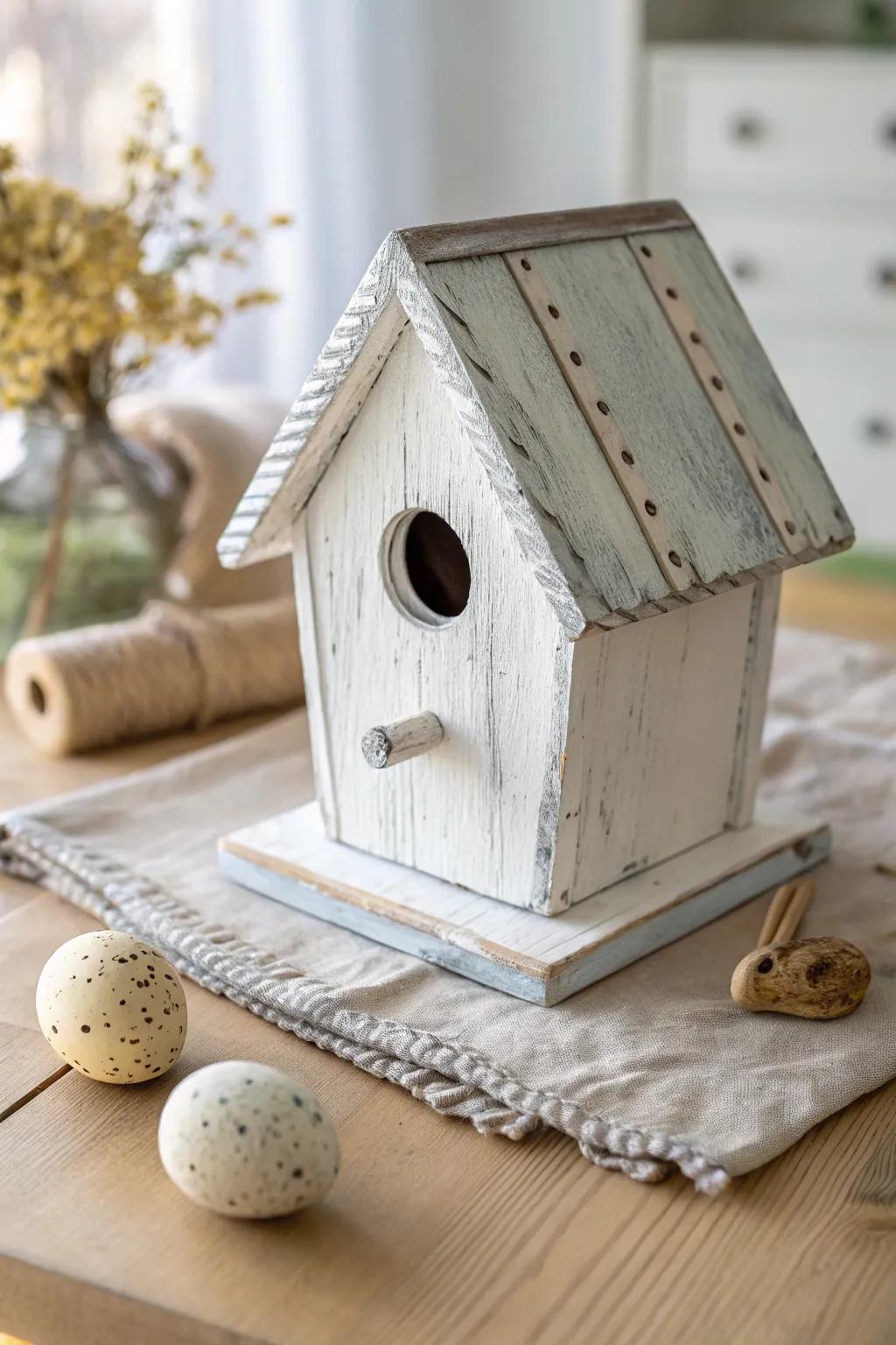 Painted birdhouse “Easter village” charm—soft whites, wonky roof details, and cozy spring vibes.
