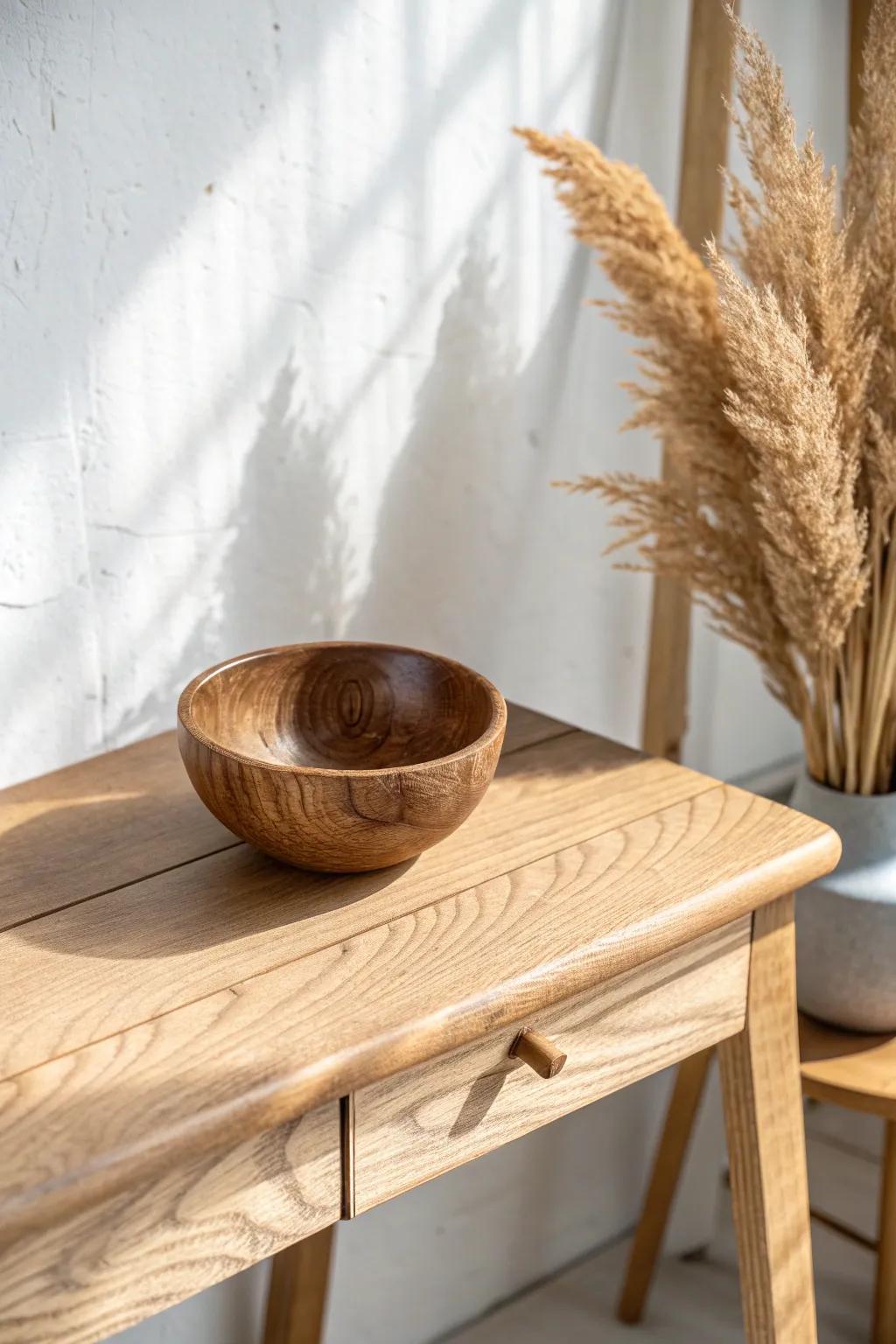 A petite hand-turned catchall bowl adds earthy texture and keeps keys and coins in one spot.