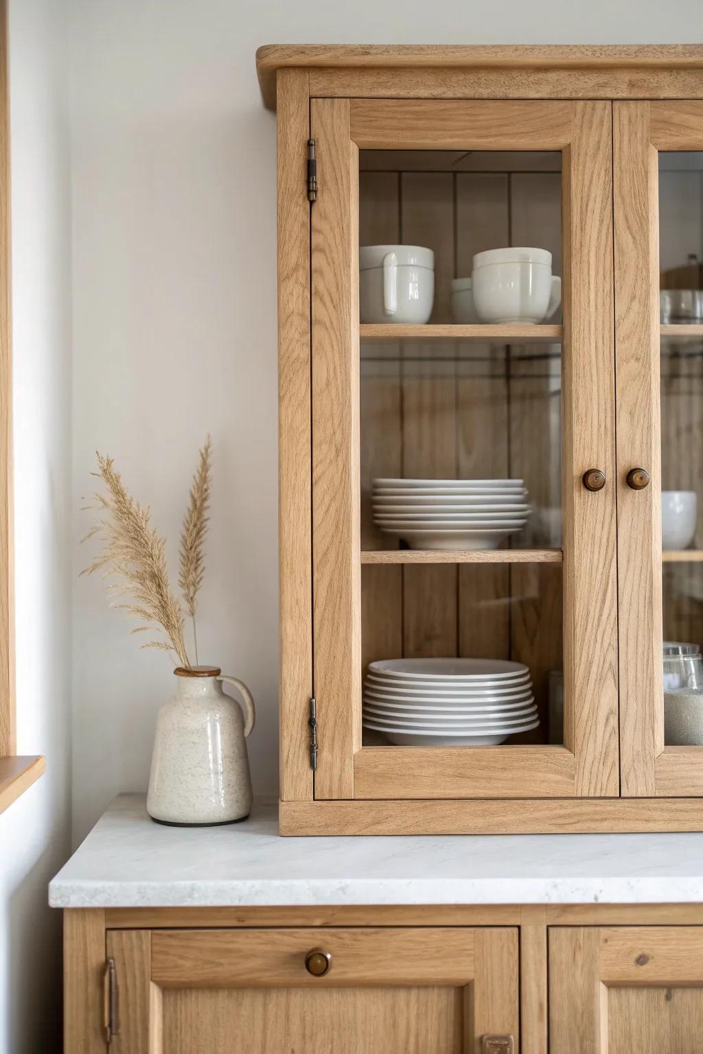Glass-front uppers brighten farmhouse kitchens—show your dishes and lighten the whole wall.